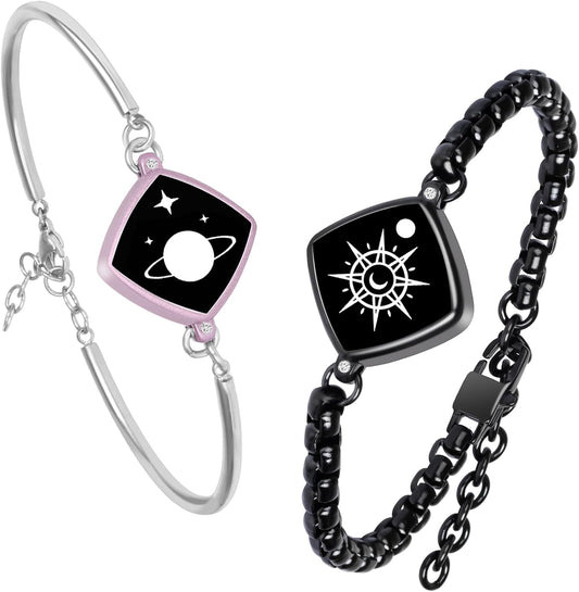 Long Distance Touch Bracelets Jewelry Set, Remote Smart Connection Love Bracelet,Send SOS SMS, Relationship Bracelets Moon Star for Couples Lovers Family Friends Festivals Valentine's Day Gifts Pink