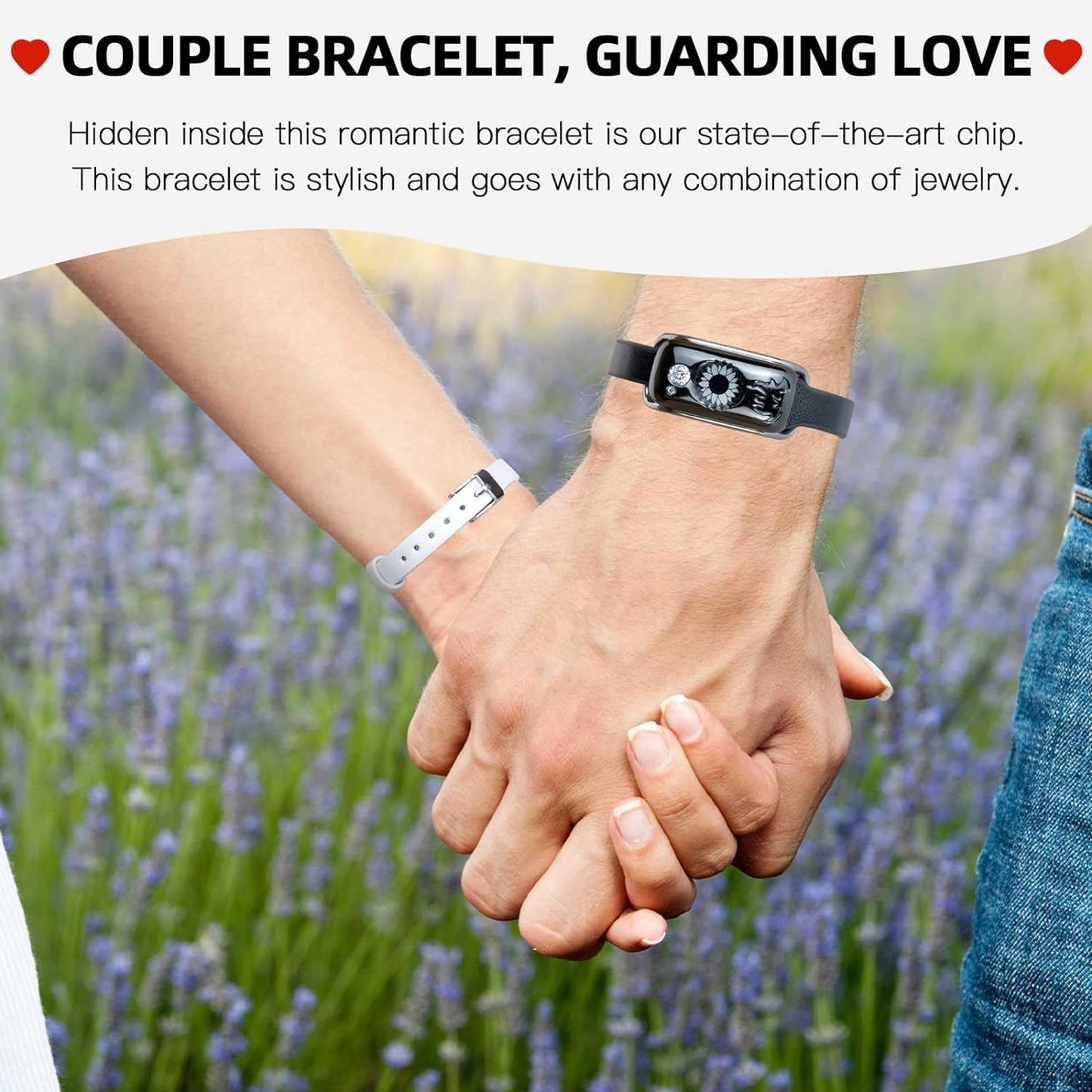 Long Distance Touch Bracelets, Send SOS SMS, Remote Smart Connection Vibration & Light Up Bracelet for Relationship Couples Girlfriend Boyfriend Family Passing on Love & Miss Gifts Jewelry Black Gold